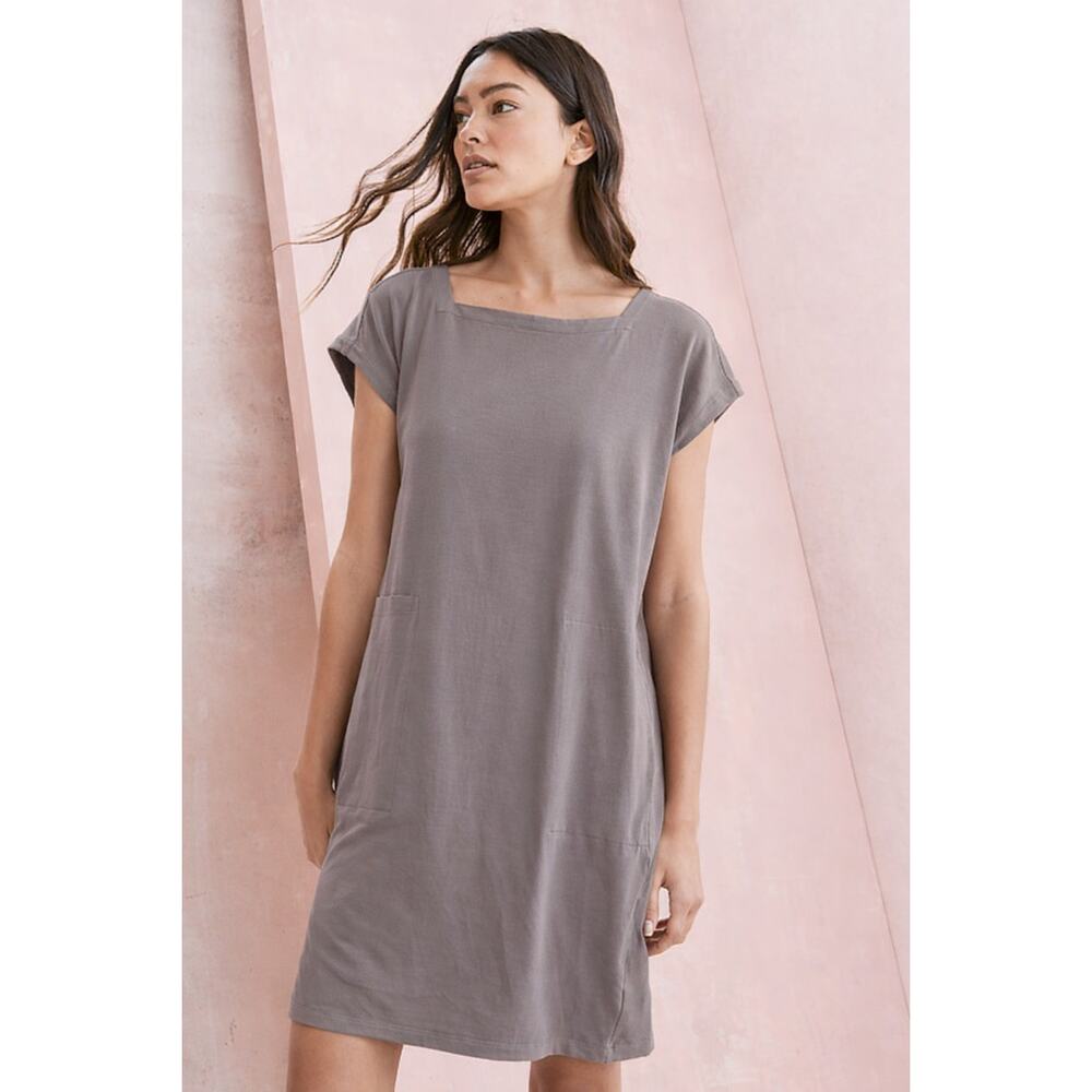 Eileen Fisher Stretch Jersey Square Neck Dress M Cap Sleeve Shift Knee Length